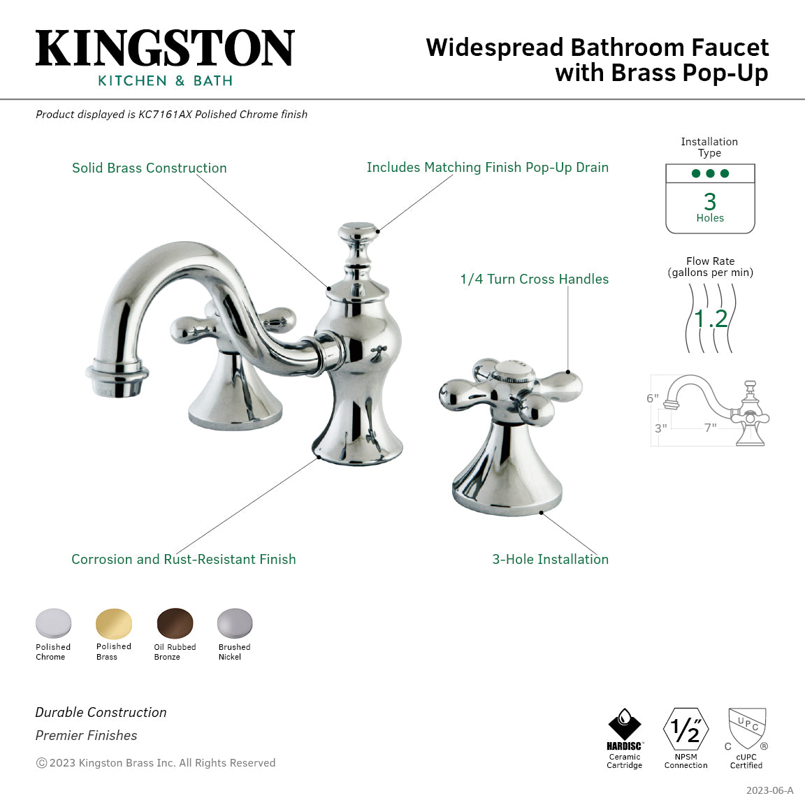 Kingston Heirloom KC7165AX - Vintage Two-Handle 3-Hole Deck Mount Widespread Bathroom Faucet with Brass Pop-Up, Oil Rubbed Bronze — thumbnail 3